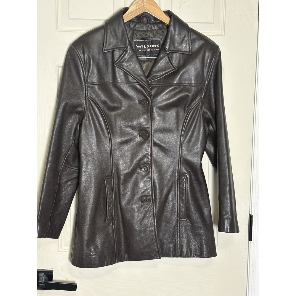 Wilsons Leather Women's L Dark Brown Leather Jacket Car Coat Blazer Button Front